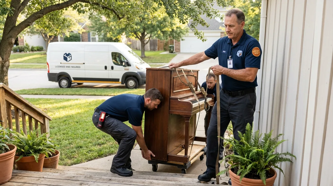Licensed piano movers securing grand piano in Evans, CO