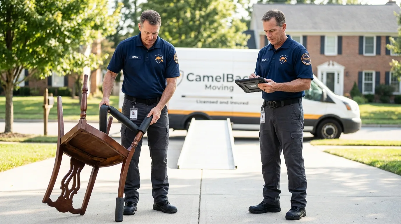 Movers inspecting furniture for damage prevention before loading in Evans, CO
