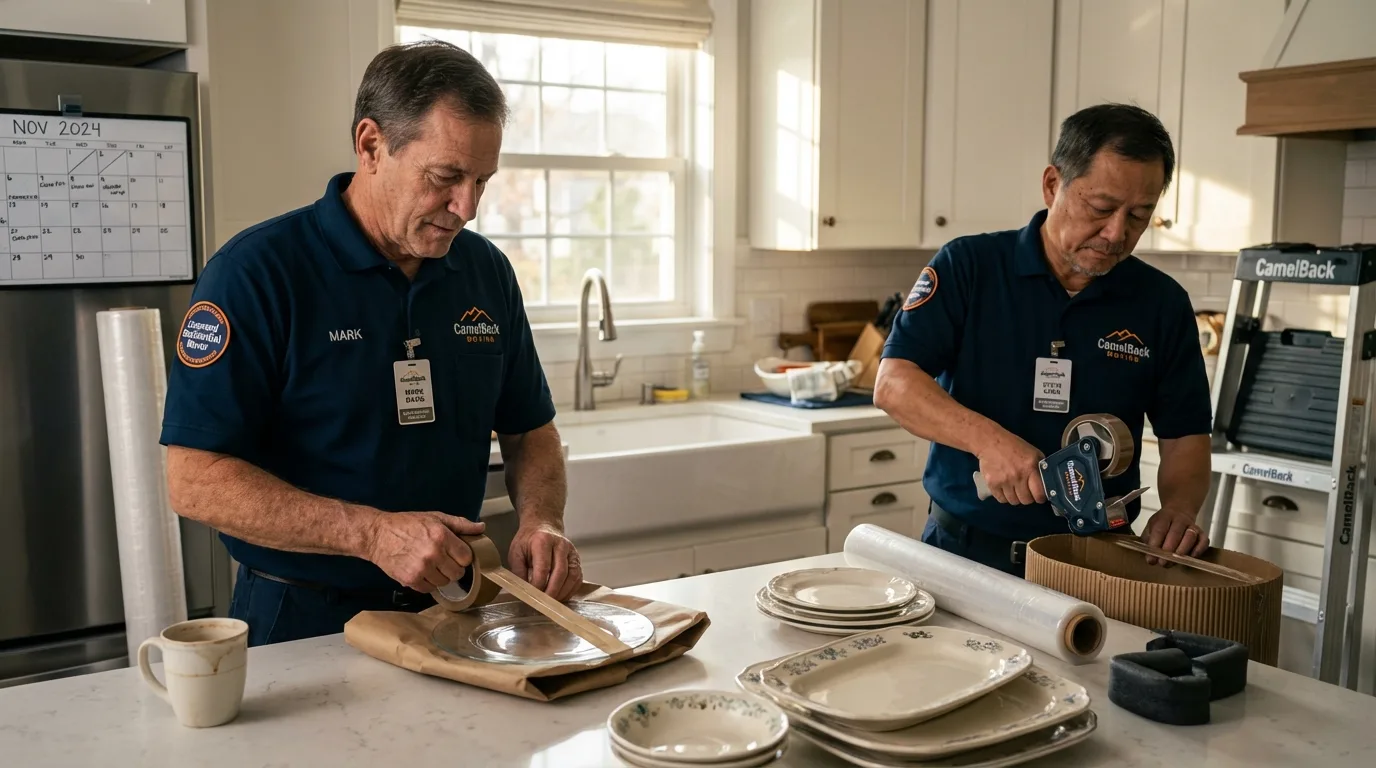 Professional crew packing kitchen dishware in Evans, CO